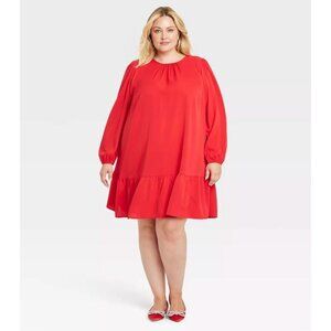Size 1X 16 18 RED LONG SLEEVED TIERED SHIFT DRESS All-Season Day/Evening PLUS SZ